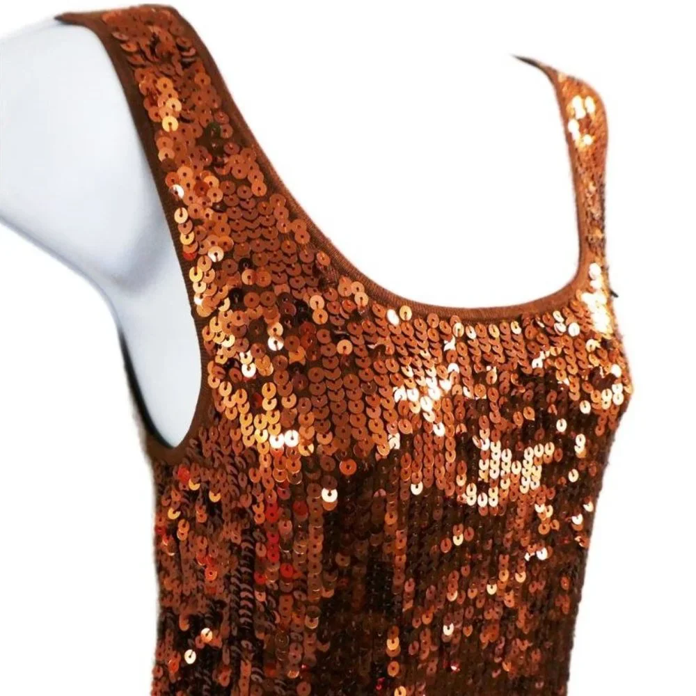 Vintage Newport News SiLK Sequin Tank Top Brown Jeanology Collection Disco M